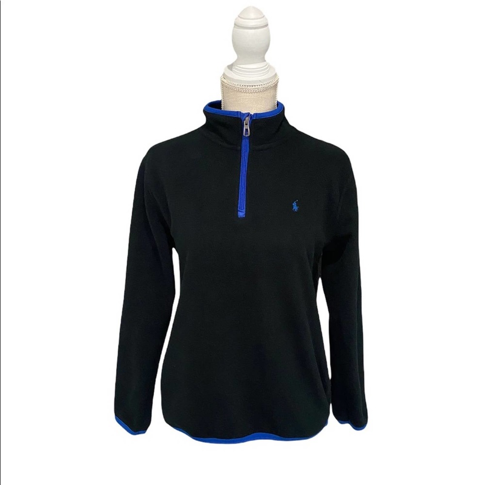 POLO Ralph Lauren Fleece Pullover Womens Large Black Blue Quarter Zip Sweater